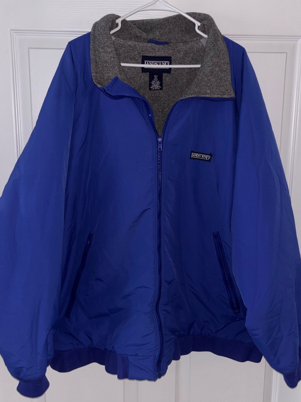 Vtg Lands' End men’s Cobalt Blue Full-Zip Bomber Jacket with Gray Fleece Lined